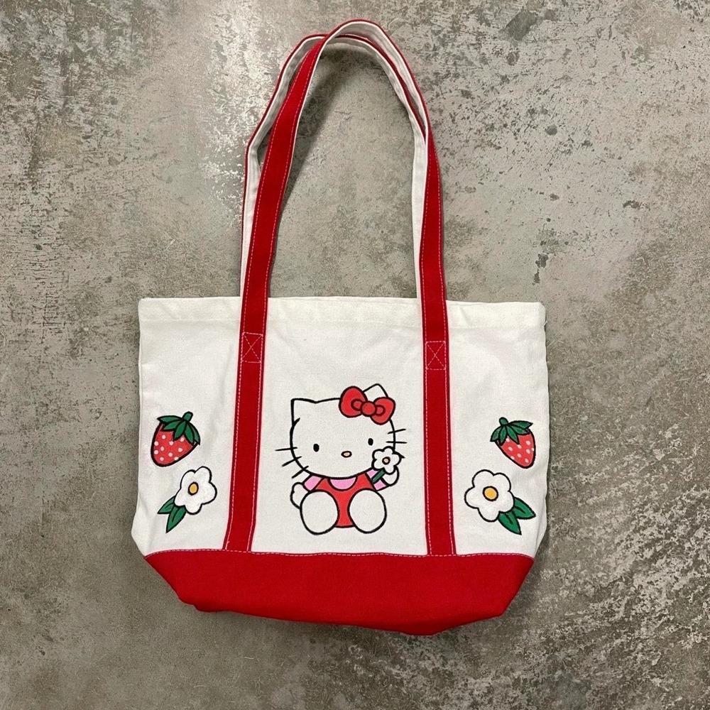 Sanrio Hello Kitty Canvas Tote Bag Red White Strawberry Daisy Y2K Aesthetic